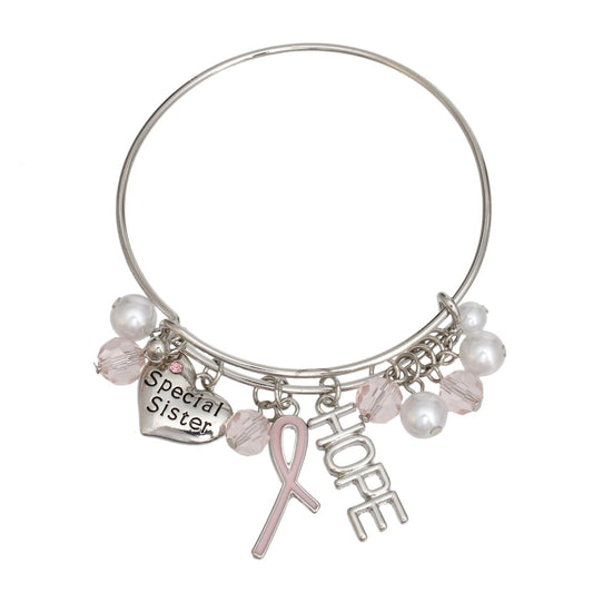 Breast Cancer Silver Wire Light Pink Charm Bangle