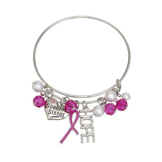 Breast Cancer Silver Wire Pink Charm Bangle