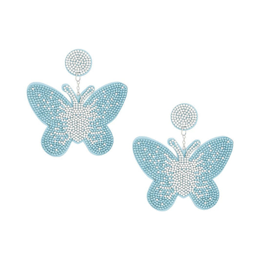 Drop Blue Butterfly Rhinestone Fabric Earrings