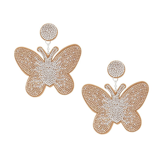 Drop Brown Butterfly Rhinestone Fabric Earrings