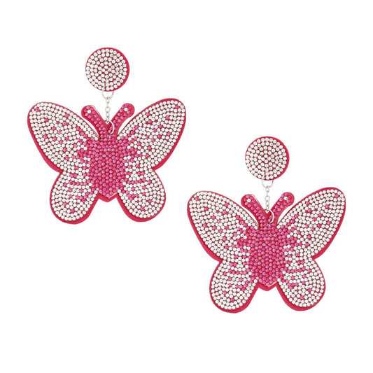 Drop Fuchsia Butterfly Rhinestone Fabric Earrings