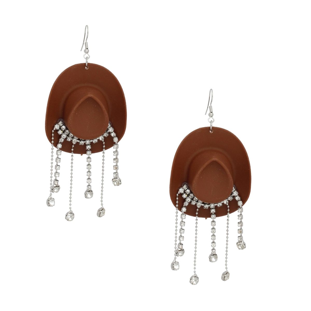 Fish Hook Brown Cowgirl Hat Fringe Earrings