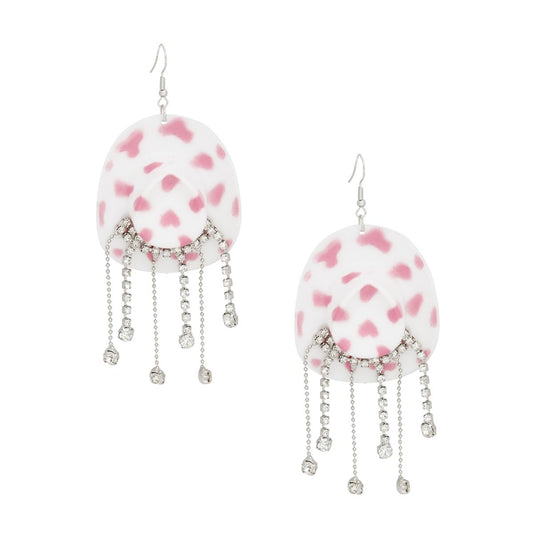 Fish Hook White Pink Cowgirl Hat Fringe Earrings
