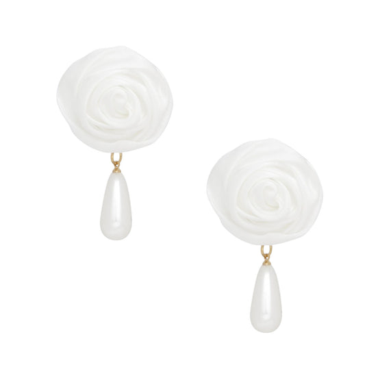 Stud White Rose White Pearl Teardrop Earrings