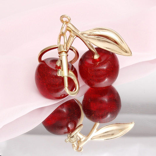 Keychain Red Plump Cherries Gold Handbag Clip