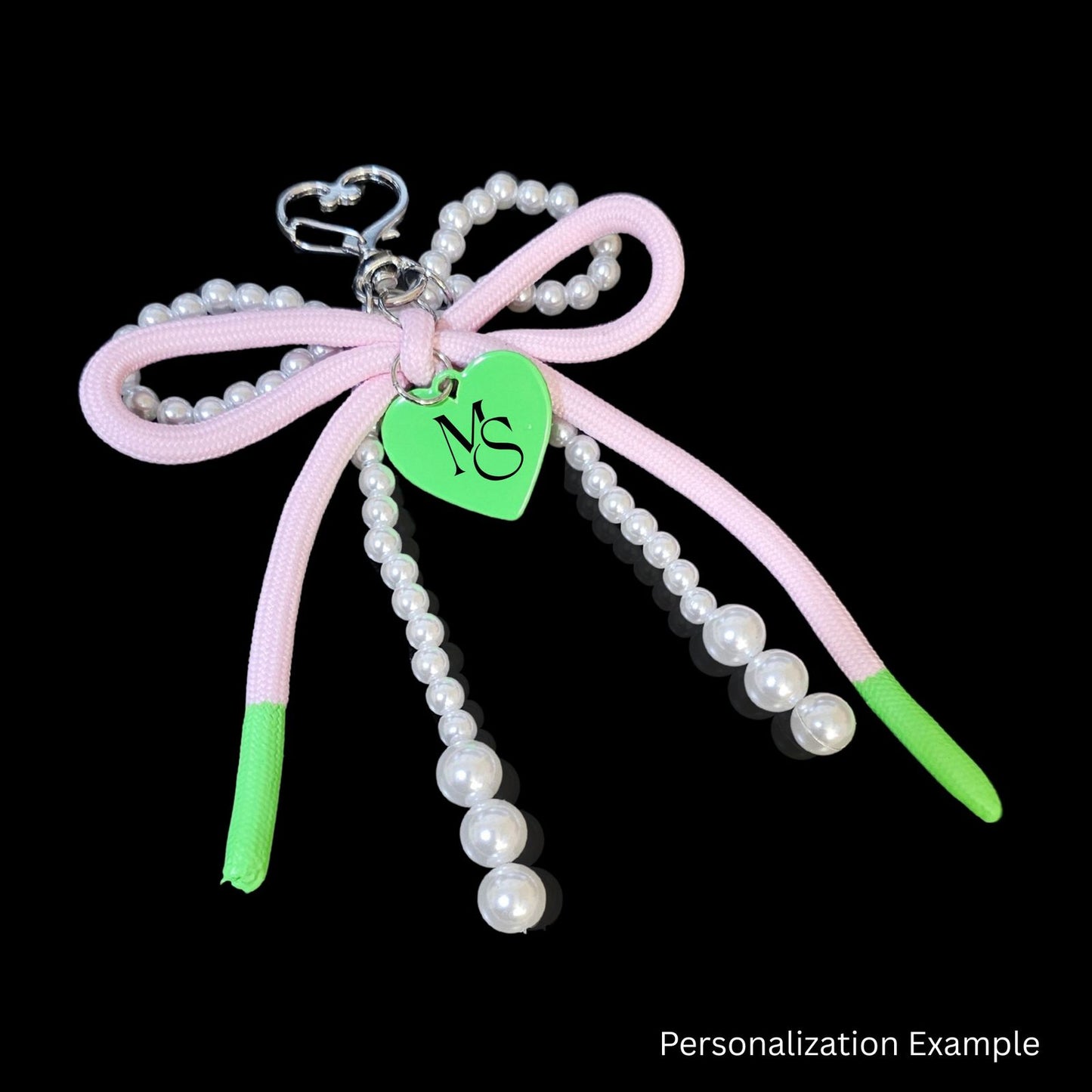 AKA White Pearl and Pink Cord Bows Heart Bag Clip