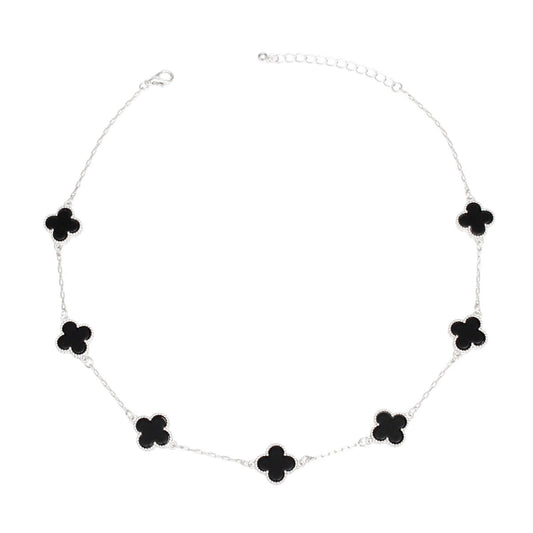 Necklace Silver Black Quatrefoil Clover 7 Motifs