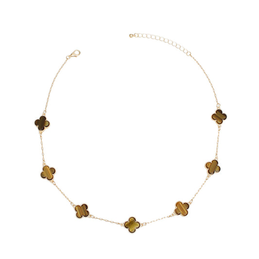 Necklace Gold Brown Quatrefoil Clover 7 Motifs