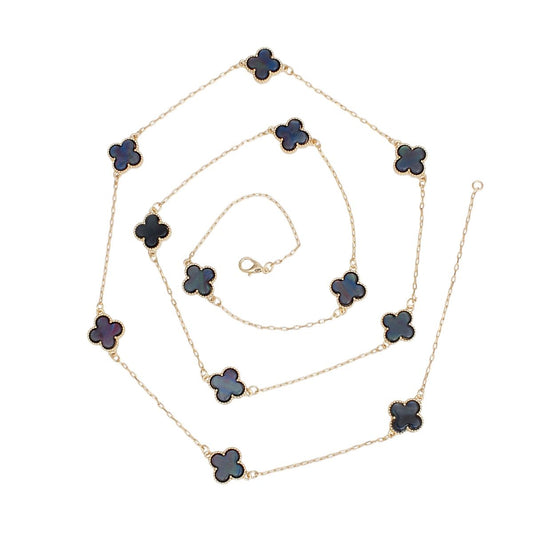 Long Necklace Gray Black Quatrefoil 12 Motifs