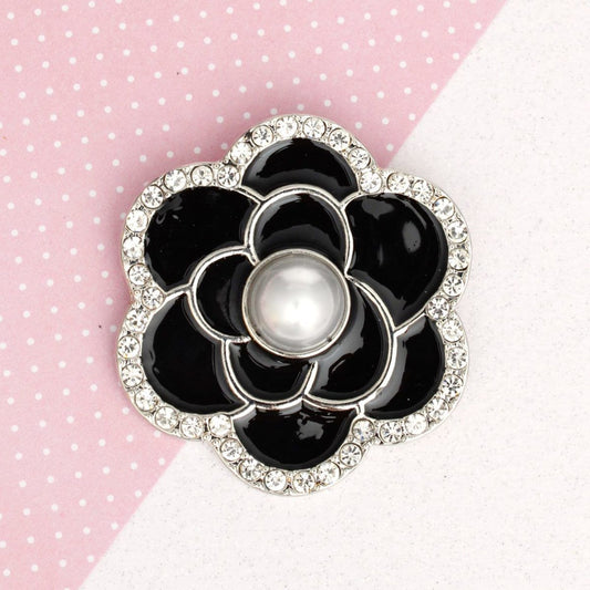 Brooch Black Camellia Flower Silver Pin for Women