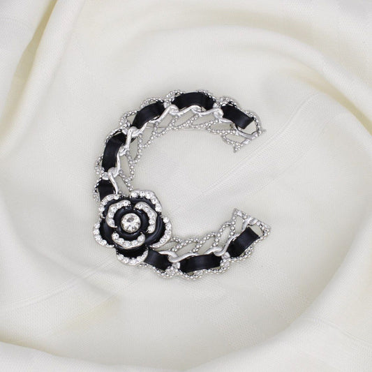 Brooch Silver and Black C French Girl Camellia Pin