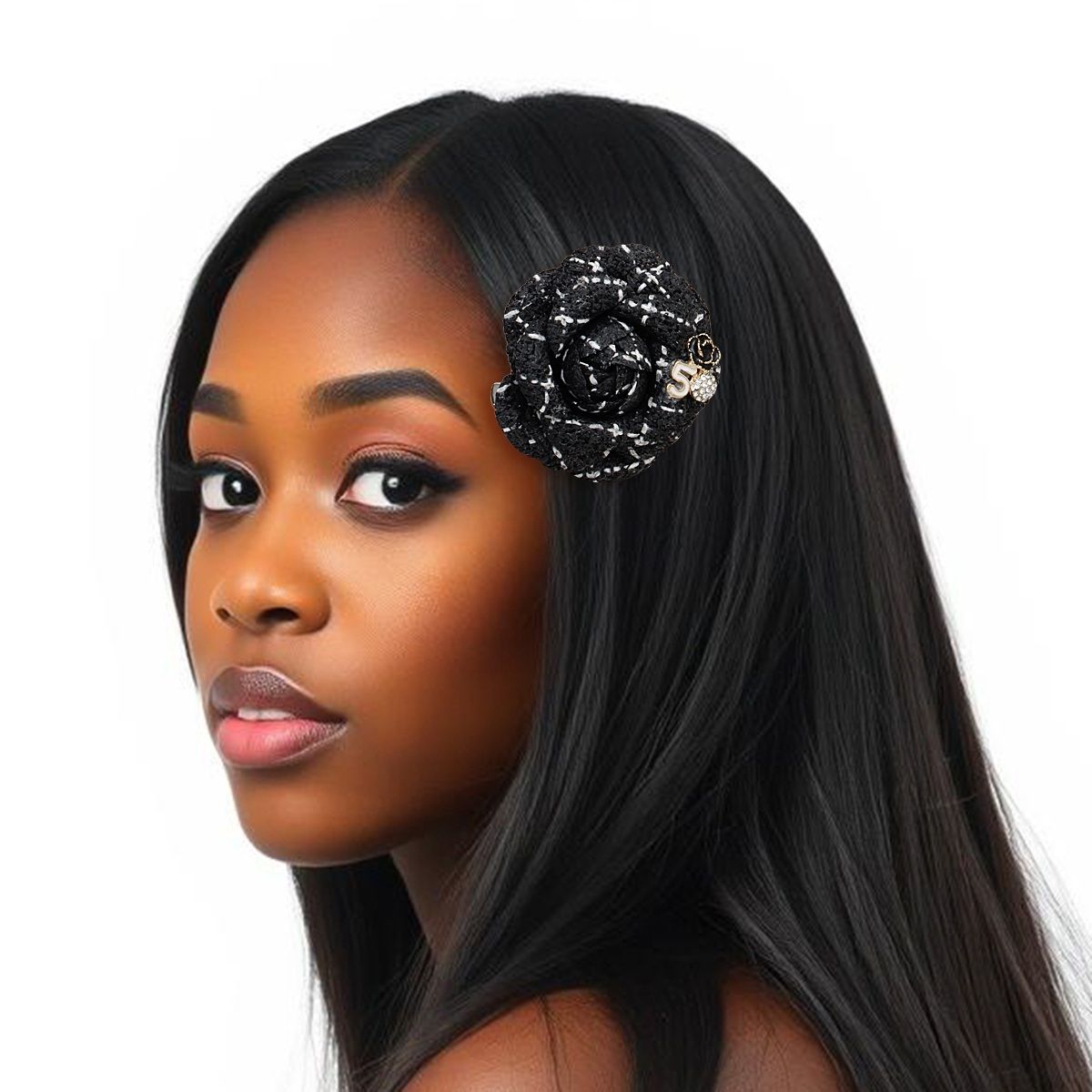 Brooch Couture Black Tweed Camellia Bloom Pin