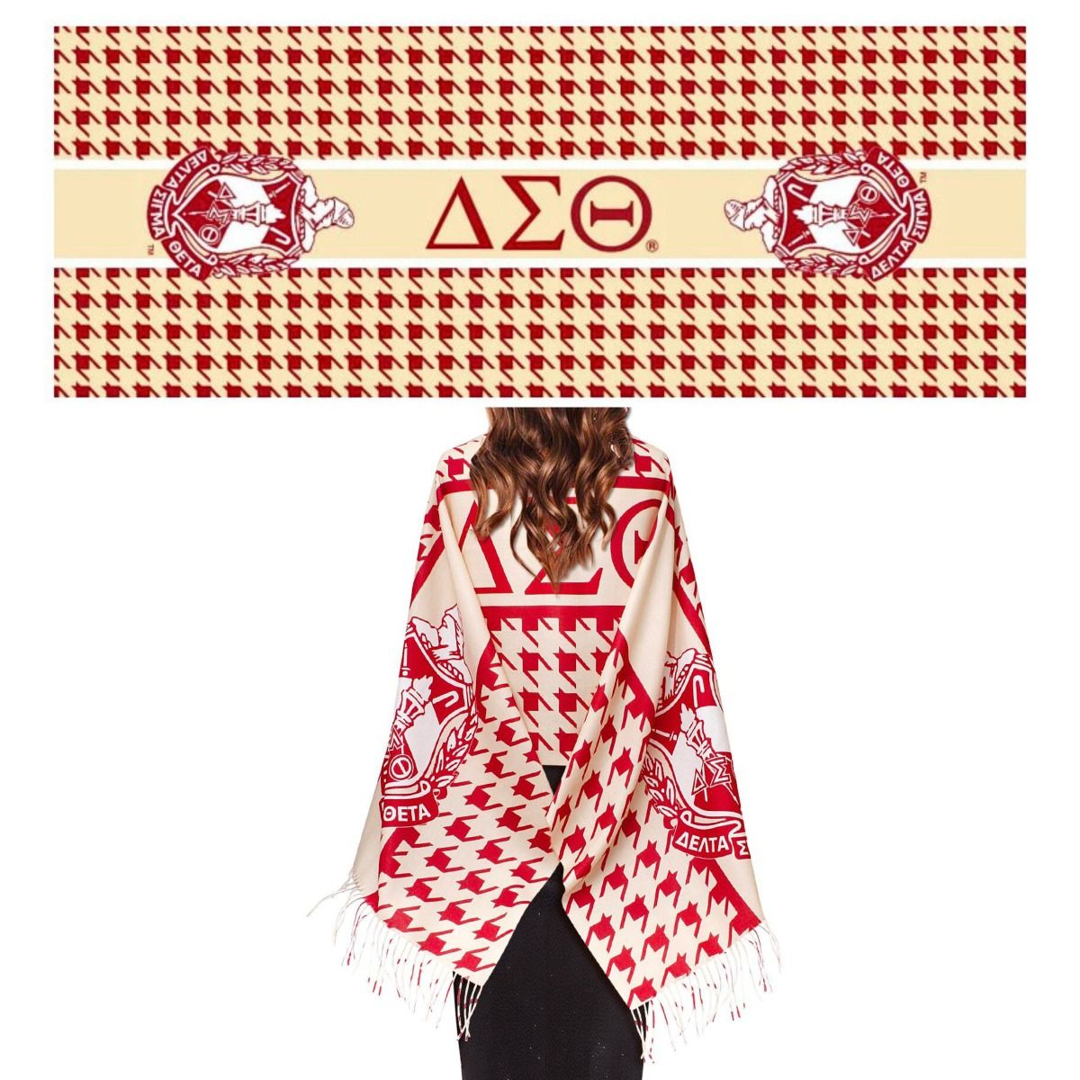 DST Sorority Crimson Cream Houndstooth Shawl Scarf