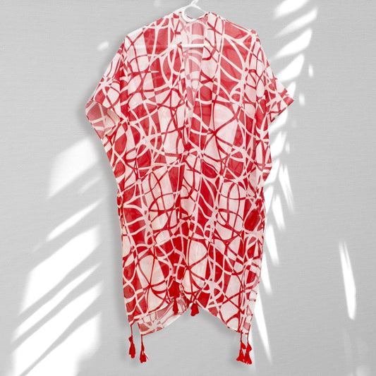 DST Sorority Red White ColorBlock Swirl Kimono