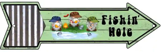 Arrow-shaped sign with gnomes fishing and 'Fishin Hole' text on a striped background