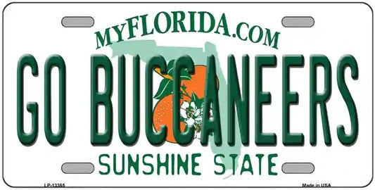 License plate with 'GO BUCANEERS' text and Florida state symbols on a white background