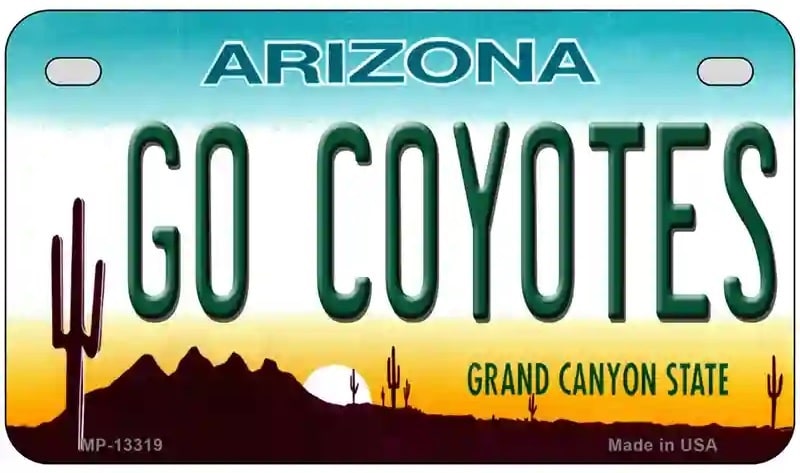Go Coyotes Motorcycle License Plate. Arizona Motorcycle license plate with 'GO COYOTES' text and desert scenery