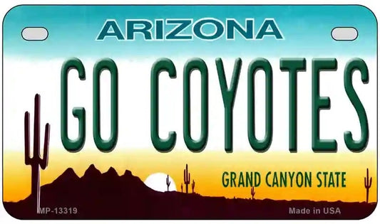 Go Coyotes Motorcycle License Plate. Arizona Motorcycle license plate with 'GO COYOTES' text and desert scenery