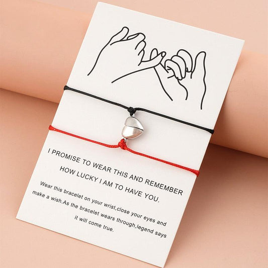 Heart Shaped Magnet Couple Bracelet Adjustable Black Red Rope Hand Bracelet Classic Men Women First Day Of School Bracelets For Mom Daughter Cutout Heart Bracelets Mother’s Day Valentine’s day Jewelry Gifts
