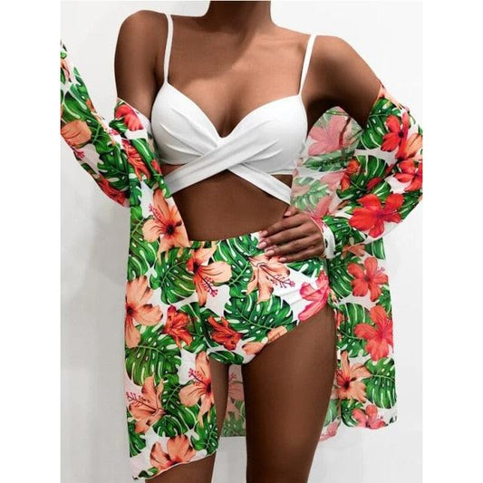 High-Waist Swimwear Set Summer Floral Print Bikini Swimsuit Beachwear Women Push-Up Bathing Suit Tie Dye 3 Pieces Strings High Cut Bikini Set Bathing Suits