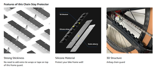 Bicycle chain stay protector with features highlighted on a black background