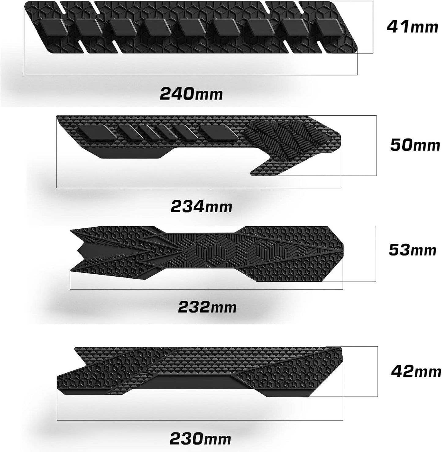 Black rubber strips with measurements on a white background