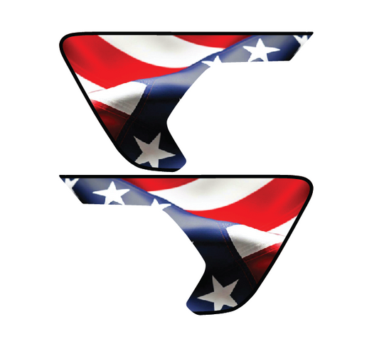 Two triangular flags with red, white, and blue colors on a white background