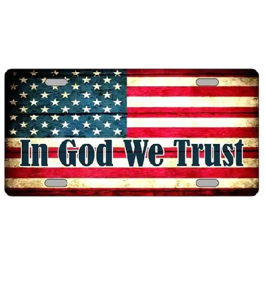 American flag license plate with 'In God We Trust' text on a white background