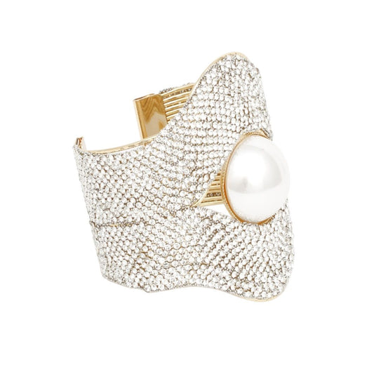 Cuff Gatsby Era Ornate Stone Pearl Gold Bracelet