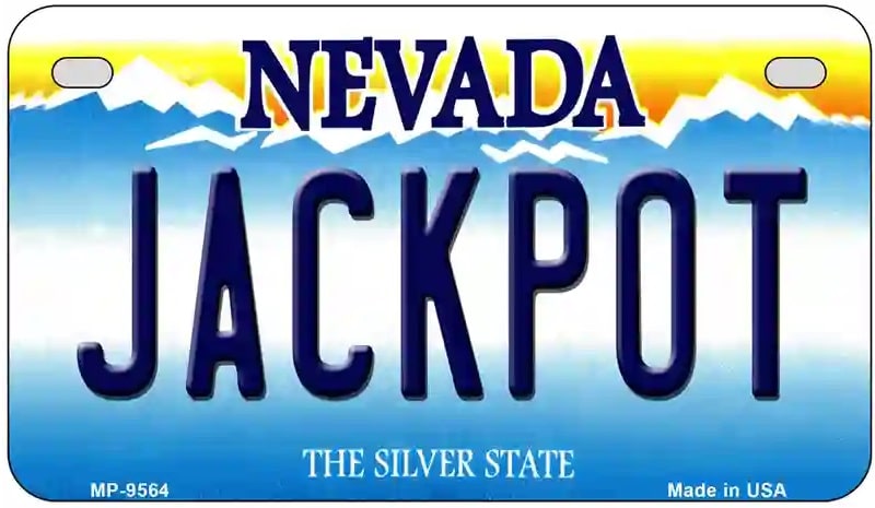 Nevada license plate with 'JACKPOT' text and state outline Jackpot Nevada Motorcycle License Plate