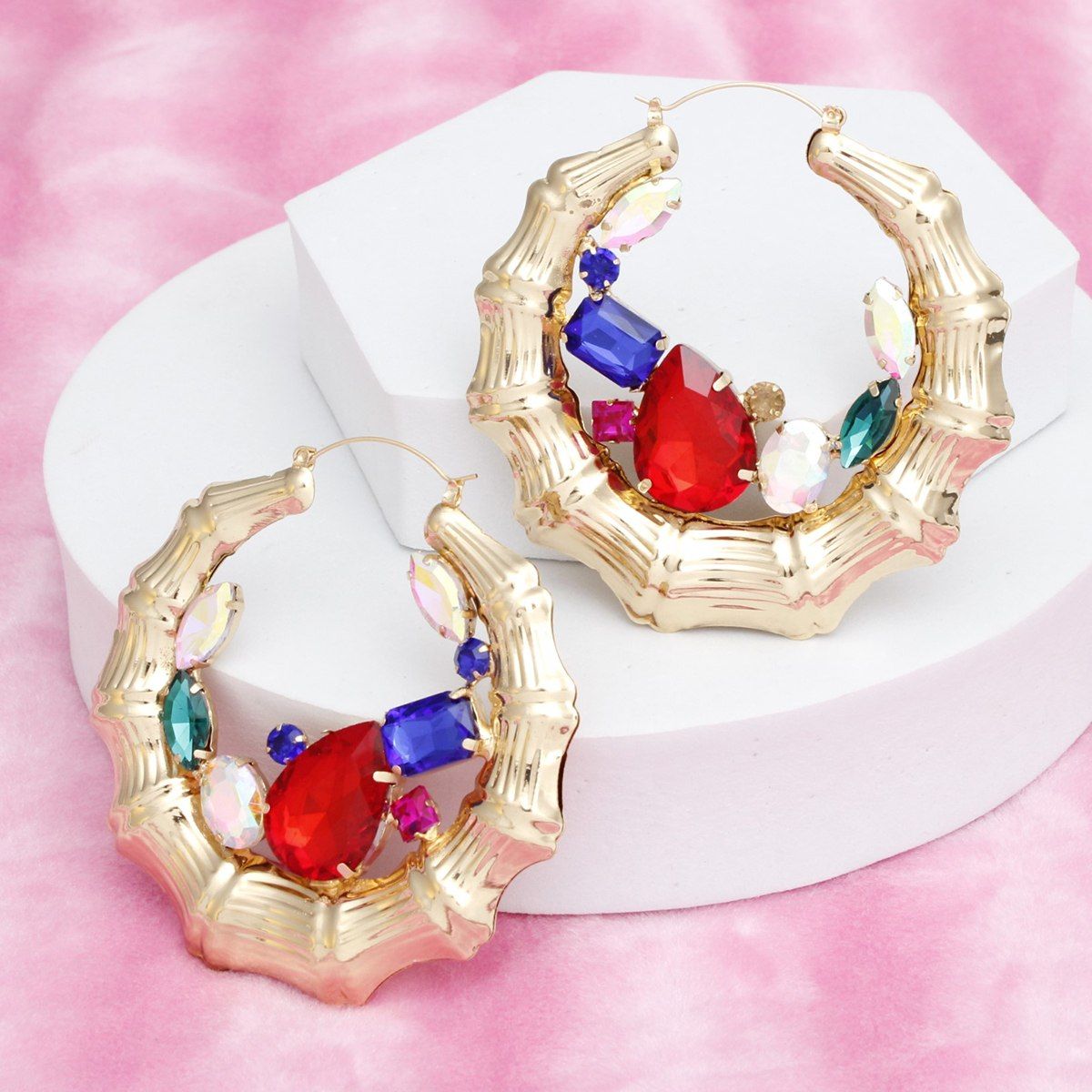 Hoops Gold Bamboo Radiant Crystal Earrings