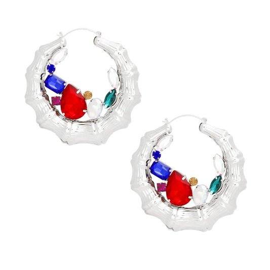 Hoops Silver Bamboo Radiant Crystal Earrings