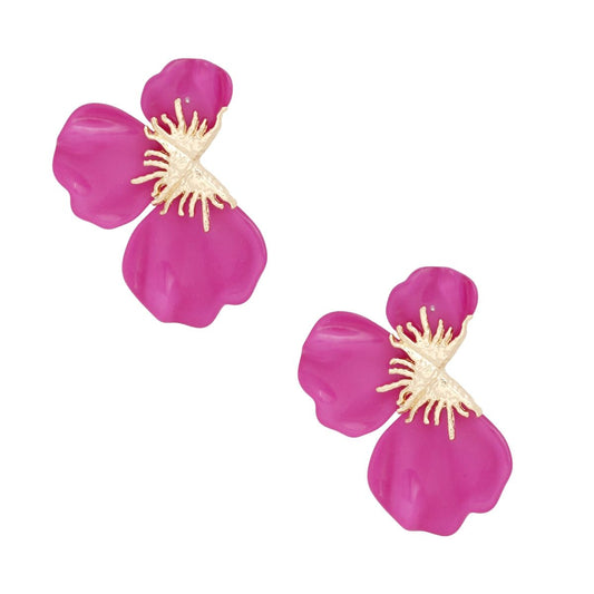 Studs Fuchsia Tropical Bloom Triple Petal Earrings