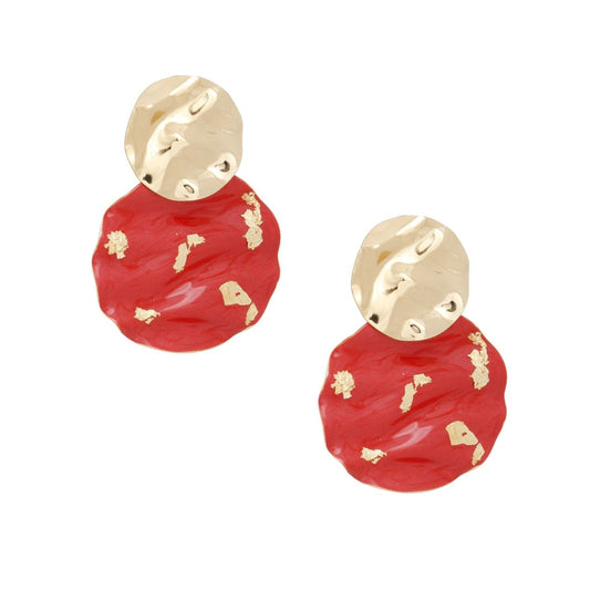 Drop Wavy Gold Red Painted Disc Design Earrings