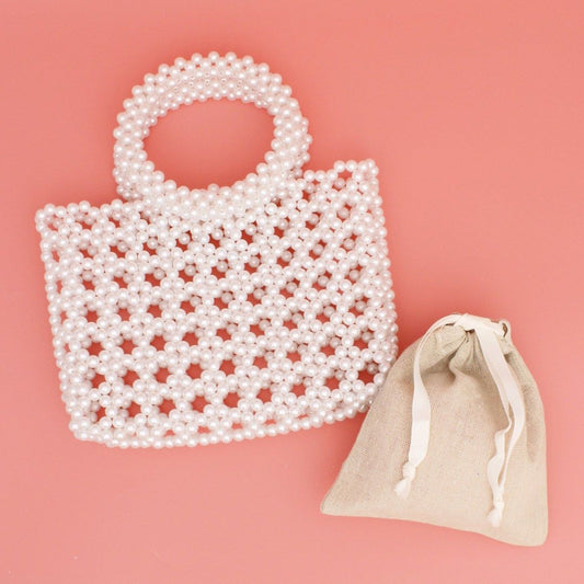 Top Handle Square White Pearl Woven Handbag