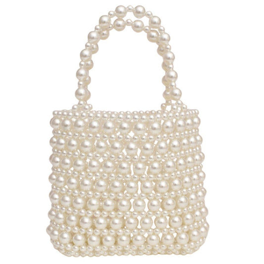 Top Handle Vintage Woven Cream Pearl Crossbody Bag