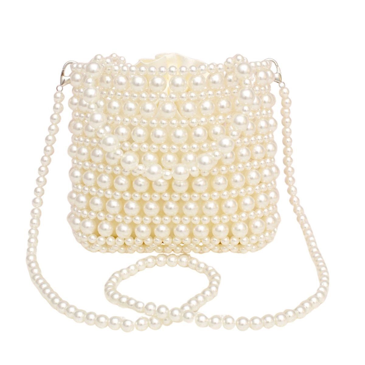 Top Handle Vintage Woven Cream Pearl Crossbody Bag