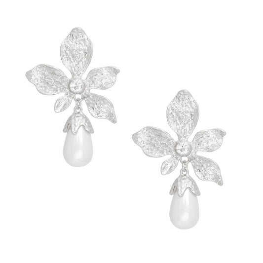 Teardrop Silver Flower Pearl Drop Earrings Women