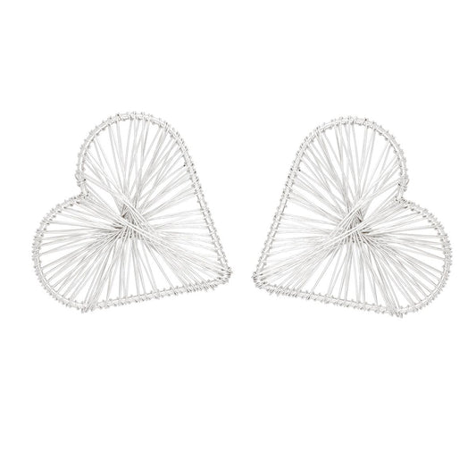 Stud Silver Wire Wrapped Angled Heart Earrings