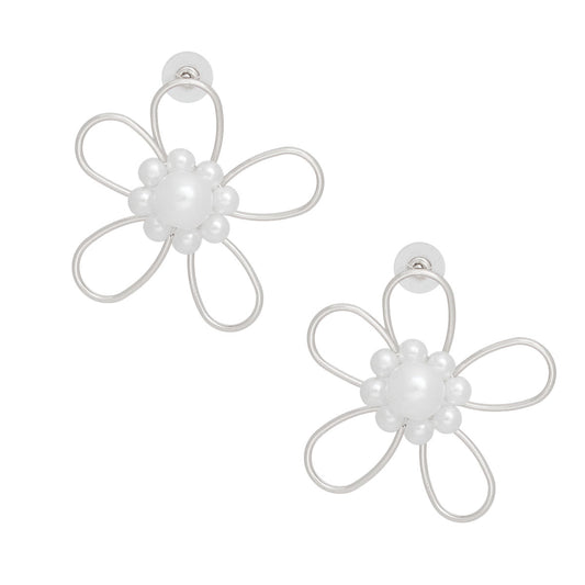 Studs Handmade Silver Wire Flower Pearl Earrings