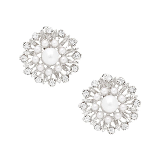 Clip On Runway Worthy Silver Pearl Round Earrings