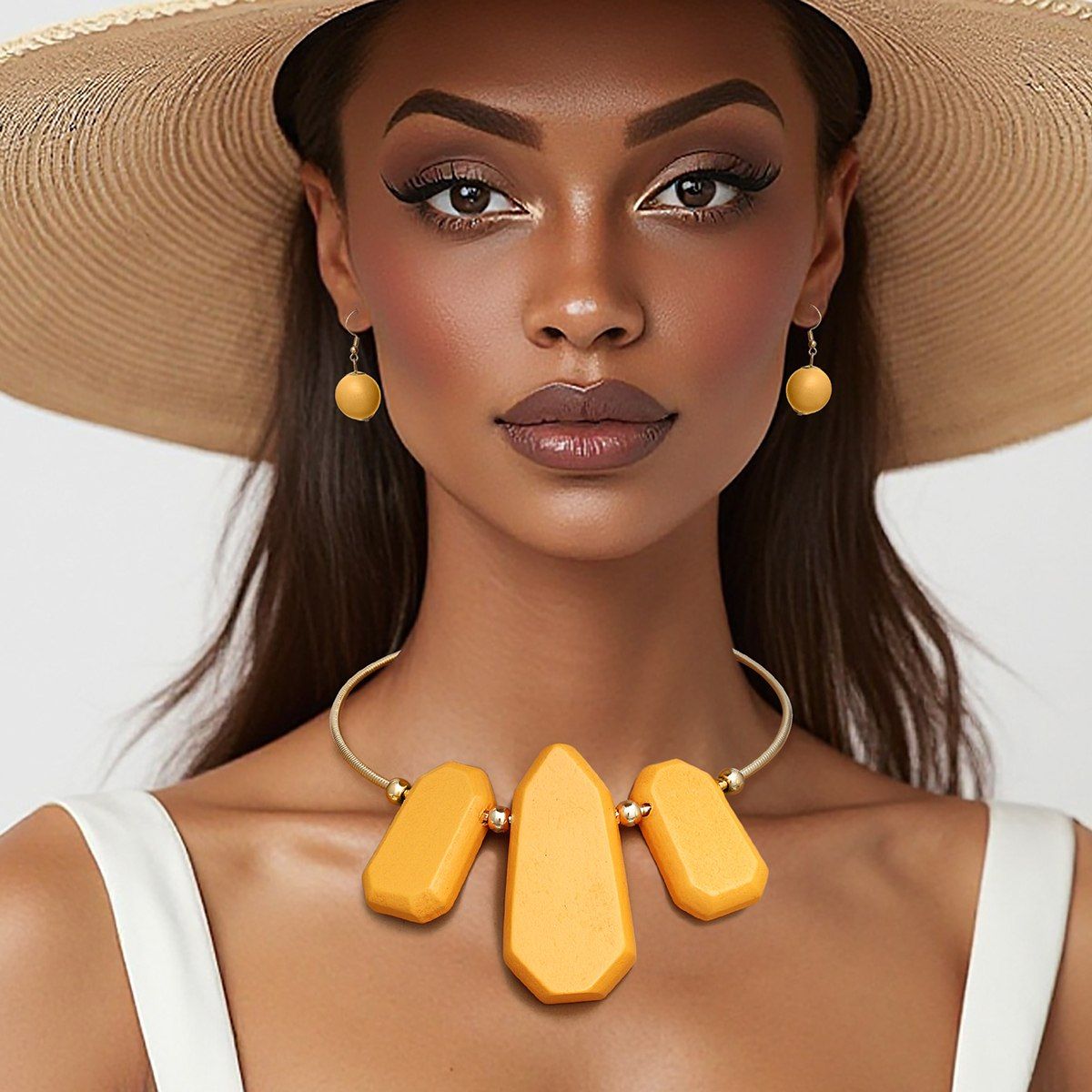 Bib Orange Chunky Wood Gold Rigid Collar Necklace