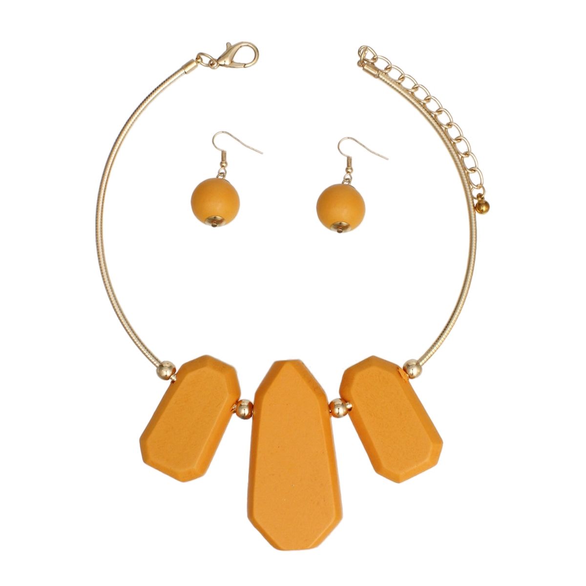 Bib Orange Chunky Wood Gold Rigid Collar Necklace