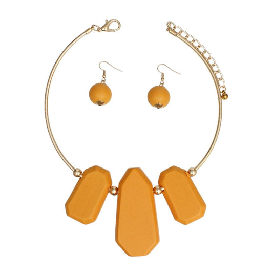Bib Orange Chunky Wood Gold Rigid Collar Necklace
