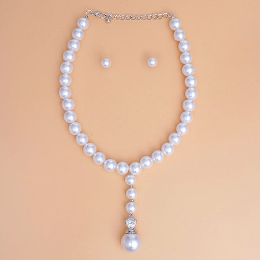 Necklace White Pearl Drop Pendant Set for Women