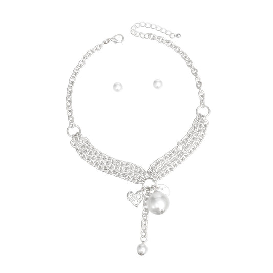 Charm White Pearl Silver Cable Chain Necklace Set