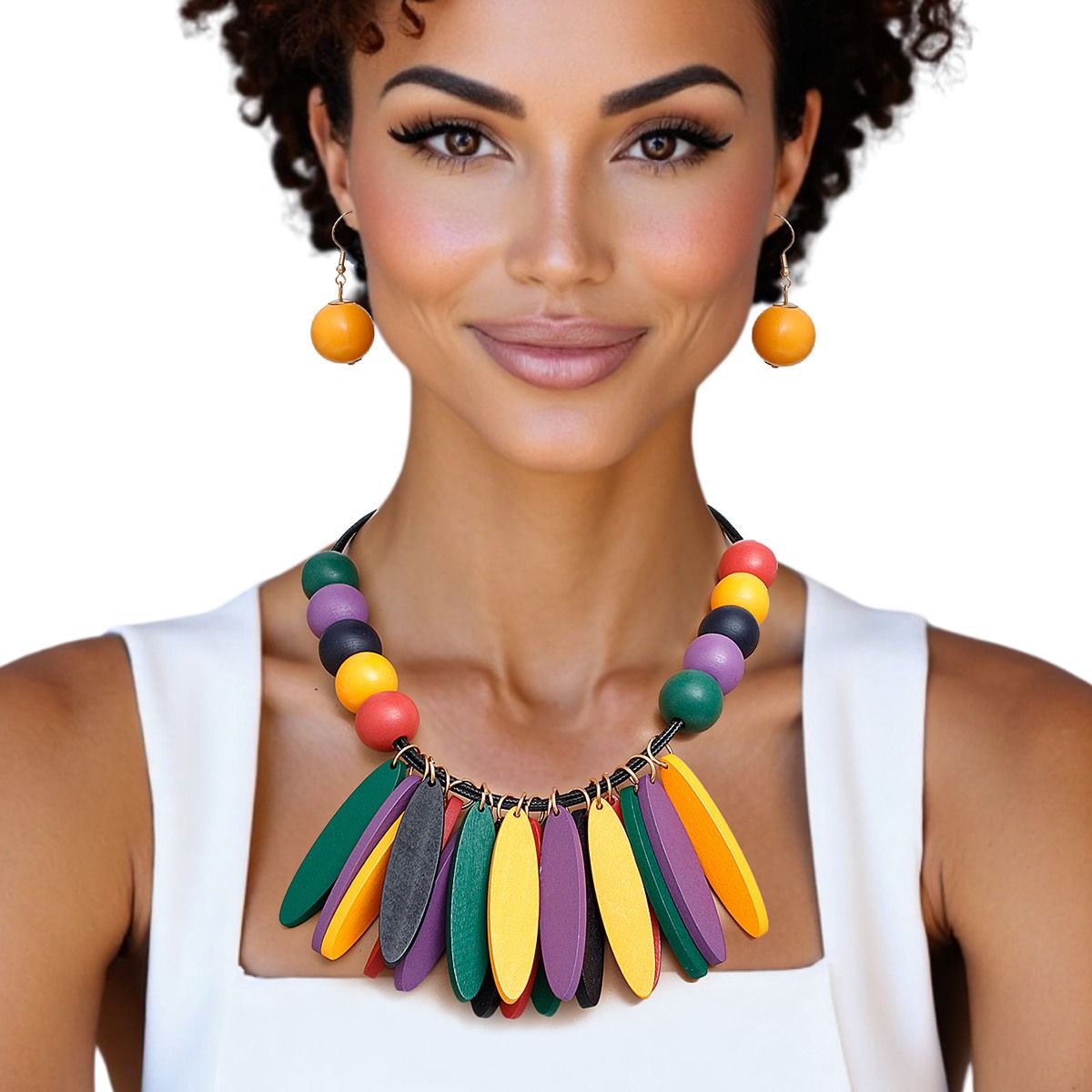 Bib Oval Wood Bead Multicolor Necklace for Women