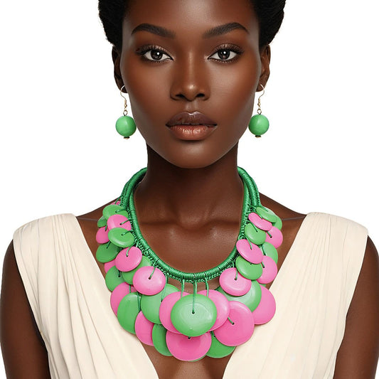 AKA Sorority Dramatic Long Cord Disc Necklace Set