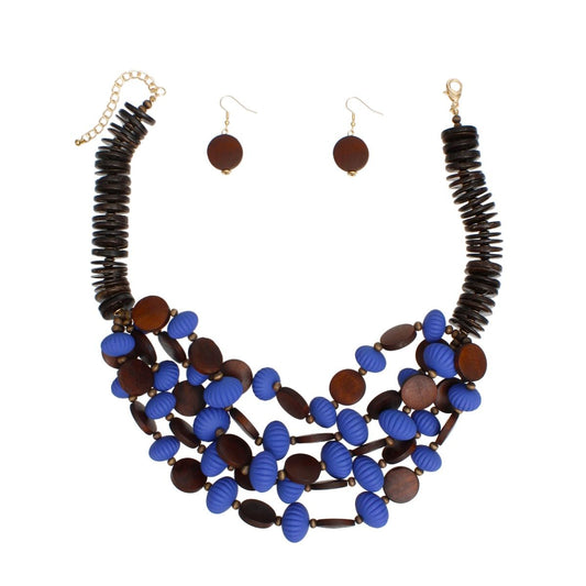 Beaded Royal Blue Coconut Wood Disc Necklace Women