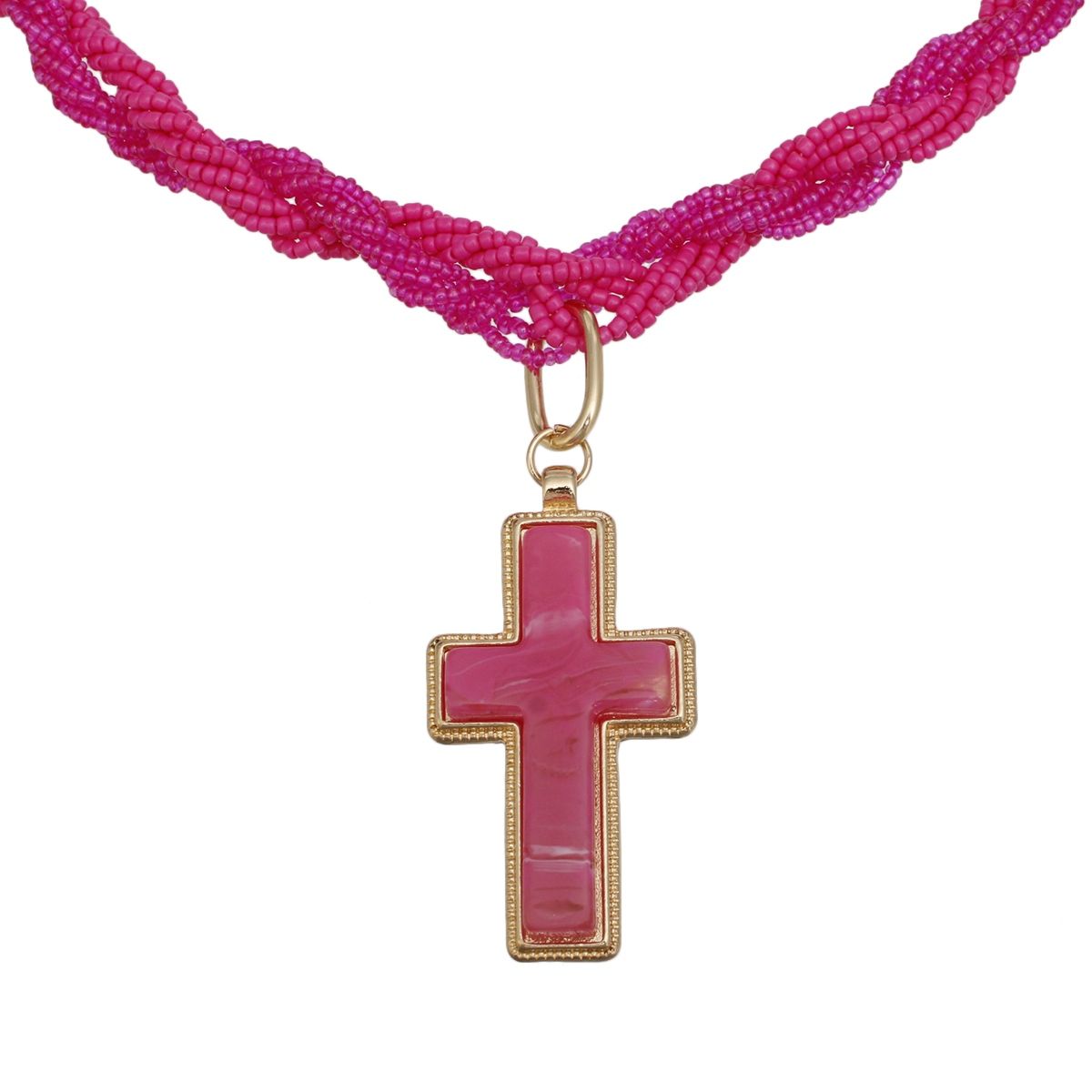 Pendant Fuchsia Twisted Bead Marbled Cross Necklace